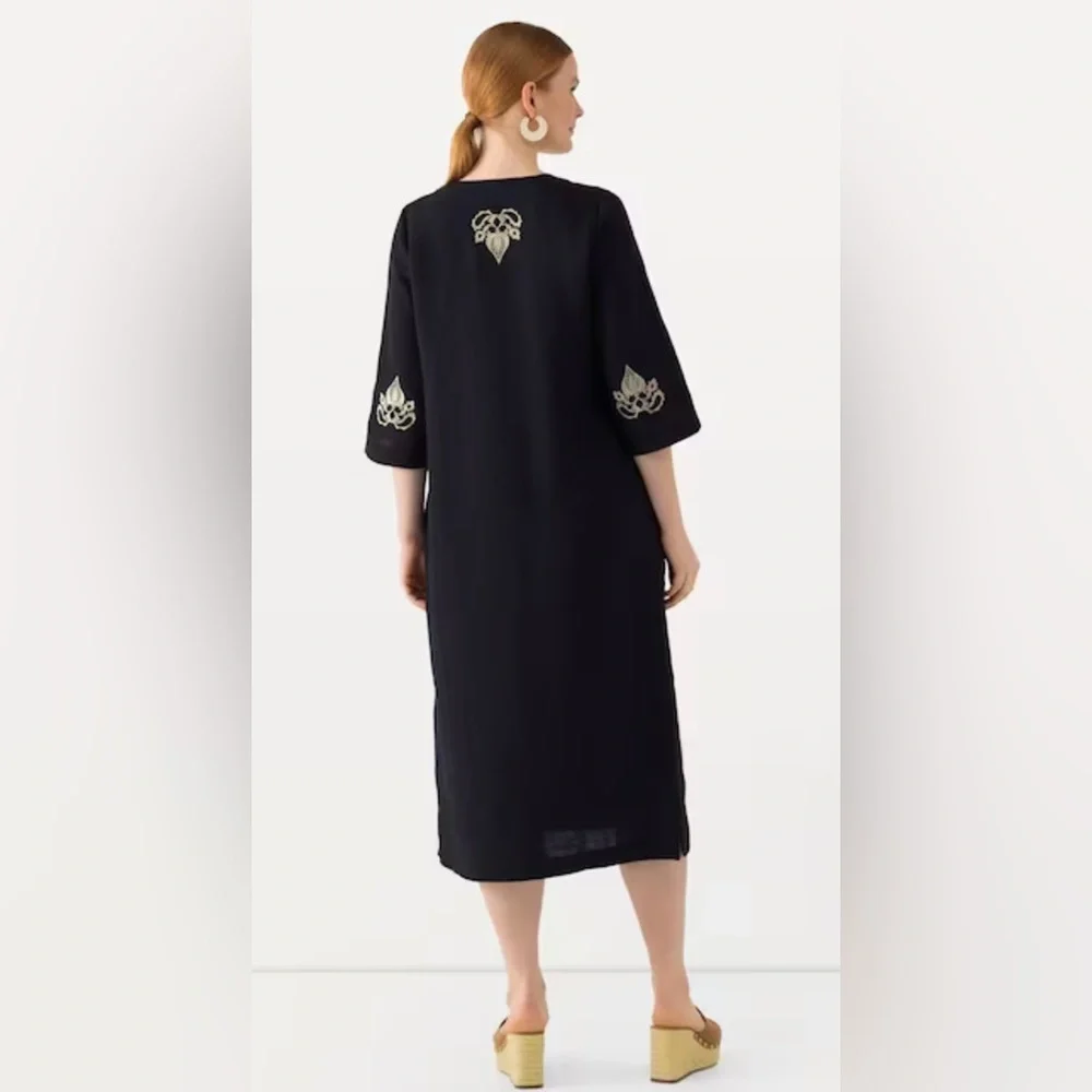 ULLA POPKEN DAMASK DETAIL SPLIT NECK SHORT SLEEVE DRESS, DARK MARINE, SIZE 20. - Picture 2 of 13